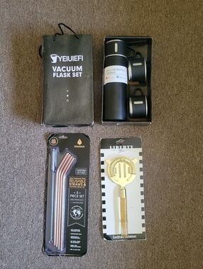 NWT Drink & Cocktail Bundle! Vacuum Flask Set, Cocktail Strainer, & Metal Straws